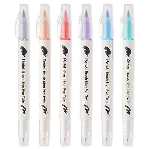 Pentel SESW30C Brush Sign Pen Twin Fibre Tip Pen - Double Ended - Water-based Ink - Pastel Pack of 6 - Silver Grey, Pale Orange, Coral Pink, Heliotrope, Baby Blue & Emerald Green Ink