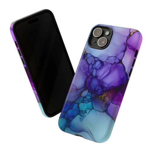 Coque iPhone 15 Plus encre à l'alcool violet et bleu vitrée