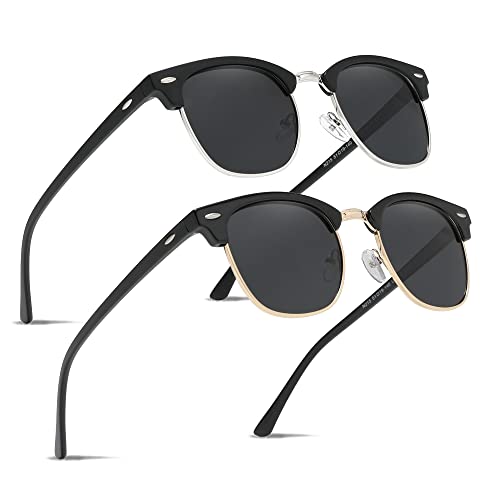Ninesun Gafas de sol polarizadas semi sin montura con espejo para hombres y mujeres de moda al aire libre para gafas de viaje K129 (Negro Plata/Negro Oro)