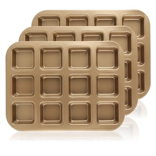 LDHHYH 3 Pack Square Brownie Pan with Dividers, 12 Cavity Nonstick Square Muffin Pan, Carbon Steel Cupcake Pan, All Edges Baking Pan for Baking Tart Muffin Cakes Cookie Bread - Gold