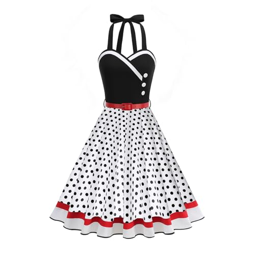 EFOGEP Women's 50s Vintage Rockabilly Swing Dress, Halterneck Polka Dot Floral A Line Dress, Cocktail Party Formal Evening Dress with Belt, UK Size White 8