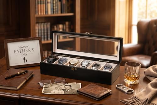 Image of Watch Box, Watch Case for Men Women with Large Glass Lid, Wooden Watch Display Storage Box with 6 - Slots, Charcoal Black Mens Watch Box Organizer