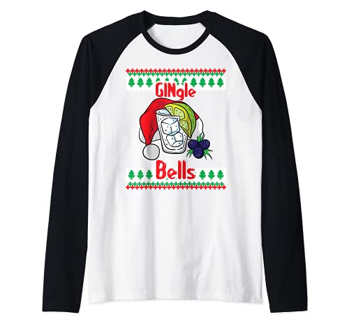 GINgle Bells Gin Tonic Glass Santa Ugly Christmas Sweater Raglan Baseball Tee