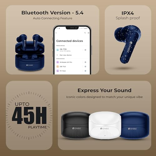 Image of Premium & Stylish True Wireless Earbuds, Bluetooth 5.4, 45 Hour Playback, 10mm Drivers, Type-C Charging (Navy Blue)