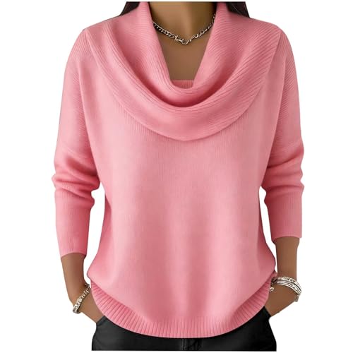 HUIFUAO Pull à col bénitier pour femme, pull habillé élégant en tricot automne et hiver, chaud, confortable, doux à manches longues, chemisier fantaisie pour fête, soirée, sortie, rose, L