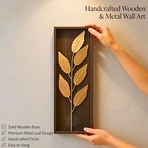Image of DSH Leaf Wall Art Panels Modern Rustic Home Decor Wall Hanging Sculpture for Living Room, Bedroom & Office (45X15 CM) Decoration Item (Titan Leaf, 1 Frame)
