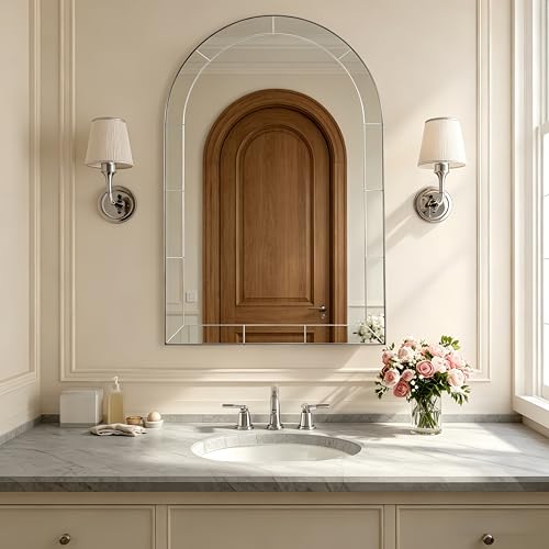 Image of MOON MIRROR Arched Mirror for Bathroom, Bathroom Mirrors for Over Sink, 20x30 inch Brushed Nickel Non-Rusting Vanity Mirror in Delicate Tessellated Glass Design