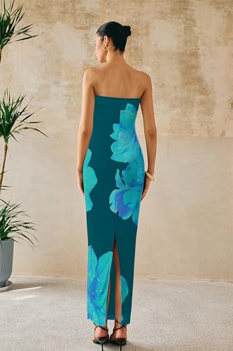 Image of PRETTYGARDEN Women Summer Strapless Maxi Dress Bodycon Floral Sexy Long Wedding Guest Dress Formal Tube Mesh Cocktail Dresses