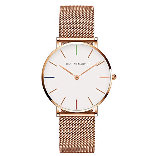 Relógio analógico feminino de quartzo, ouro rosé, pulseira de malha de aço inoxidável, relógio de pu