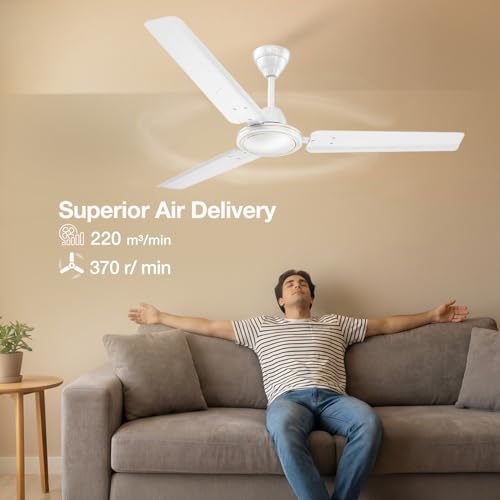 Image of Havells REO Vaayu 1200mm ES Ceiling Fan | High Speed, High Air Delivery | Strong & Powerful, Air Delivery: 220CMM| RPM: 370| 2 Year Warranty | (Pack of 1, White)