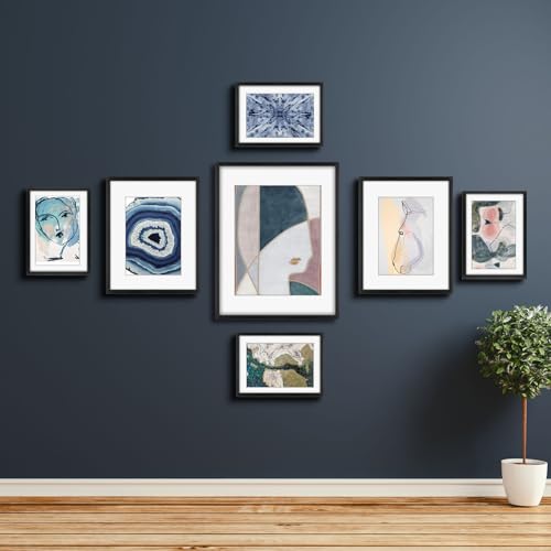 Frametory, Black Aluminum Picture Frame with Removable Mat - Set of 7 Includes Four 5x7, Two 8x10, One 11x14 - Real Glass Front - Simple Gallery Wall Frames for Art Prints and Posters
