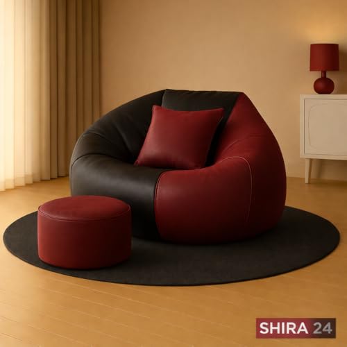 Image of 4XL Tear Drop Bean Bag Chair with Footrest & Pillow | Premium Leatherette Bean Bag Cover (Without Beans) Upto 150 Kg Capacity | Living Room Lounger (Wine::Black, XXXXL)