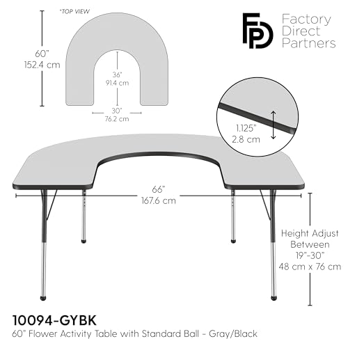 Image of FDP Horseshoe Activity School and Office Table (60 x 66 inch), Standard Legs with Ball Glides for Collaborative Seating Environments, Adjustable Height 19-30 inches - Gray Top and Black Edge