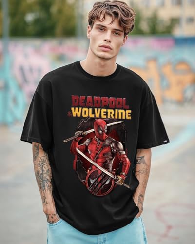 Image of Bewakoof X Marvel Deadpool Men's 100% Cotton Graphic Print Oversized Fit Half Sleeve Round Neck T-Shirt | Casual Wear | Street Wear | Oversized t Shirt for Men Cotton | Baggy