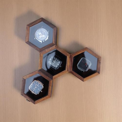 Image of Vintage Wooden Watch Box for Men, Timepiece Display Case, Honeycomb Watch Storage & Organizer, Jewlery Box for Women, Anniversary Gift For Husband (4 Compartments)