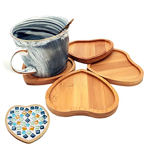 4PCS Mosaic Bamboo Coasters for Crafts, Blank Base Trays, Drinking Cup Coaster, Plant Coaster, Art Plate,DIY Mosaic Supplies (Heart)