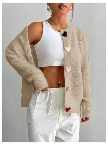 GORGLITTER Women's Heart Button Open Front Cardigan Lightweight Fuzzy Cardigan Sweaters Long Sleeve Knit Top Outerwear4