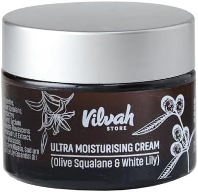 Vilvah Store Ultra Moisturising Cream | For Normal, Dry & Sensitive Skin | For Face, Hand & Body | Non-Greasy Cream With Olive Squalene And White Lily | 50ml