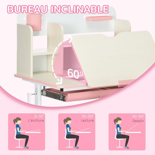 Bureau Enfant + Chaise Rose Réglable Plateau Inclinable HOMCOM