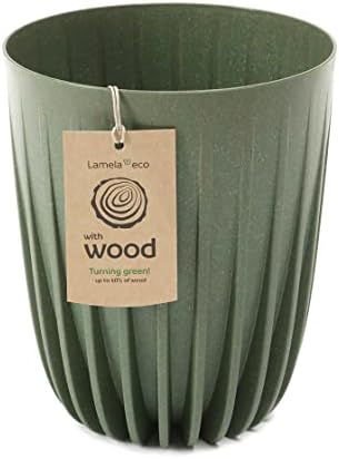 Lamela MIRA ECO with WOOD Flowerpot Herb Plant | New Season 2022 | Balcony Garden Container Bucket | 2in1 set Two parts with insert | Unique Surface Design | impress (Ø 19cm H 22,6cm, Forest Green)