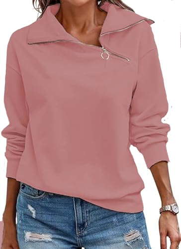 Cuptacc Women's Sweatshirts V Neck Long Sleeve Tunic Tops Casual Solid Color Half Zip Sweatshirt Women Autumn Dark Pink, Medium M 12-14