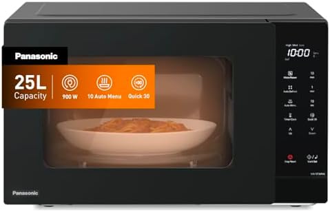 Panasonic 25L Solo Microwave Oven, 900W Power, 5 Power Levels, 10 Auto Programs, Quick 30 Function & Auto Defrost, Compact Countertop Microwave, Large Interior, Black, 1 Year Warranty – NN-ST34NBKPQ