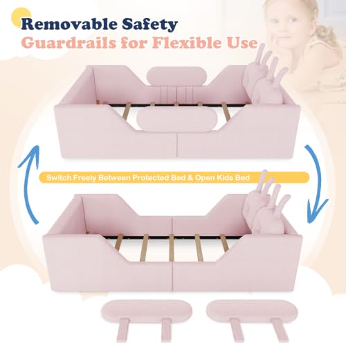 Image of Twin Bed Frame for Kids, Floor Platform Bed Rabbit, Pink
