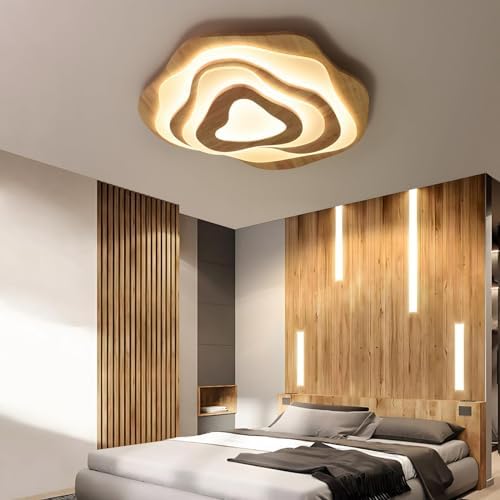 WayLuoung Houten LED-Plafondlamp | 60cm 3000-6000K 48W | Ronde Top 360° Glow Natuurlijke Houten Lamp, Slaapkamer Woonkamer Kinderkamer Keuken Eetkamer Thuiskantoor (Dimbaar Met Afstandsbediening