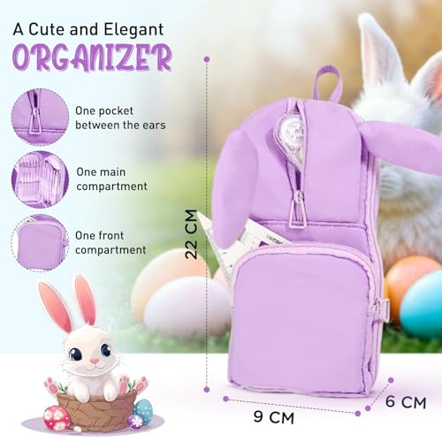 Image of DEOXY Polyester Large Capacity Pencil Pouch for Girls & Boys with 3 Zippers & 5 Compartments | Waterproof Aesthetic Cute Bunny Ears Standing Pencil Case for Kids, Multiutility Pouch (Purple /Lilac)