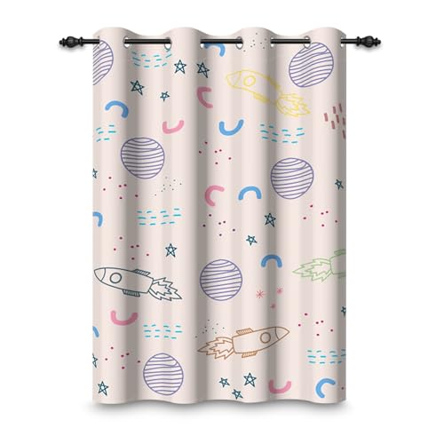 ggaimwf 117x175cm Cortina con Ojales de Dibujos Animados para Dormitorio Infantil Rosa Espacio Cohete Planeta Universo Cortinas Opacas con Ojales para la habitación de un niño,1 Panel Individual