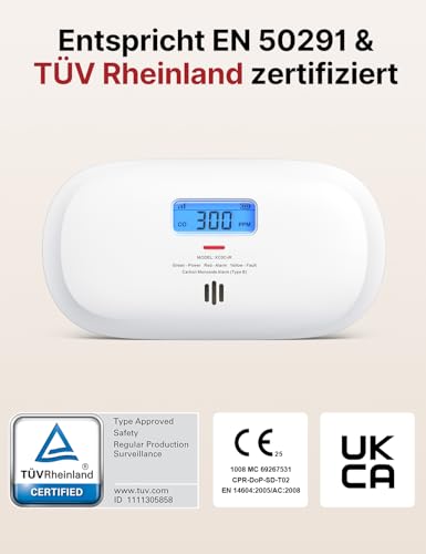 X-Sense Smart Kohlenmonoxid Melder XC0C-iR, TÜV Rheinland Zertifiziert, Stummschaltung per App, CO Melder mit LCD-Digitalanzeige, Kohlenmonoxidmelder mit austauschbarer Batterie, 1 Stück