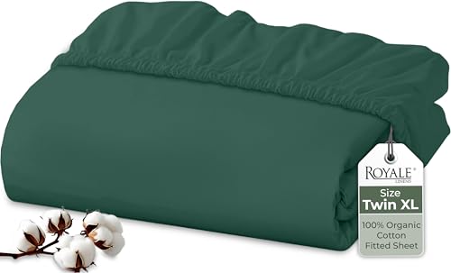 Image of Royale Linens 100% Organic Cotton Fitted Sheet - Percale Weave - Super Soft Deep Pocket Bottom Sheets - Elastic Sheet Twin XL Size - Twin XL Fitted Sheets Only - (39 inchx80 inch+15 inch, Hunter Green)