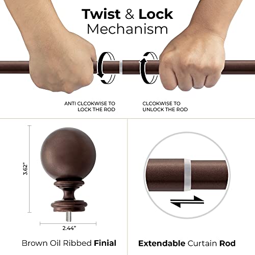 Image of Deco Window 52 to 144 Inch Adjustable Curtain Rod for Window & Door with Ball Finials Extendable Iron Pole for Home Hotel Living Drawing Room (1 inch Diameter, Brown)