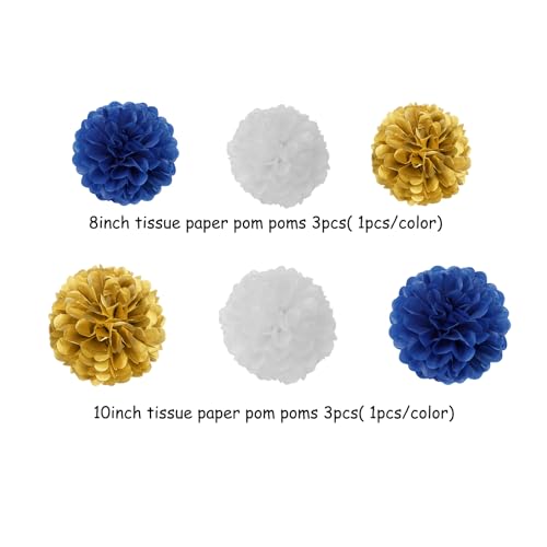 Image of Navy-Blue White-Gold Party-Decoration Graduation Banner - 8pcs Kits Cap Garland Streamers, Paper Tissue Pom Poms Flowers, 2025 Craduate Banner Congratulations Grad Decor Lasting Surprise