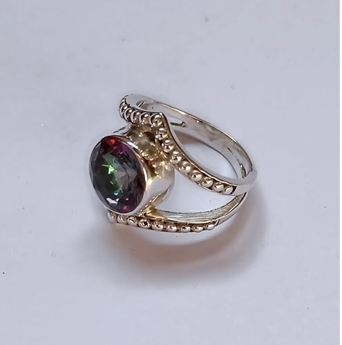 Mystic Topaz Ring, 925 Sterling Silver Statement Promise Ring for Women, Handmade Mystique Topaz Round Gemstone Jewelry Boho Gift