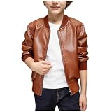 Lederjacken für Jungen, klassische Motorrad Kunst Pu Biker Mäntel, Kinder Wintermäntel, Oberbekleidung, Schule, Baseball, Bomberjacke, coole Streetwear mit Taschen, 2–16 Jahre, A13, Braun, 15 Jahre