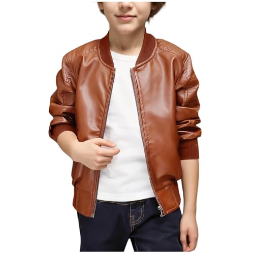 Boys' Leather Jackets Classic Motorcycle Faux Pu Biker Coats, Kids Zip Up Winter Coats Outwear School Baseball Bomber Jacket Jackets Cool Streetwear with Pockets Brown 9 Years