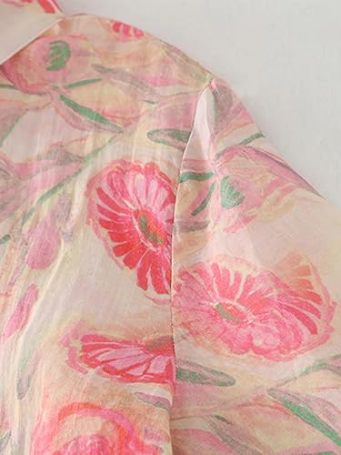 Image of Womens Cotton Floral Button Down Shirt Lightweight Long Sleeve Casual Blouse Collared Top with Pink Flower Print for Office Wear Daily Outfits Travel Brunch and Comfortable Everyday Use