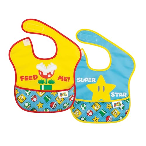 Image of Bumkins Nintendo Bibs for Girl or Boy, SuperBib Baby and Toddler for 6-24 Months, Essential Must Have for Eating, Feeding, Baby Led Weaning, Waterproof Soft Fabric, 2-pk Super Mario Expressions
