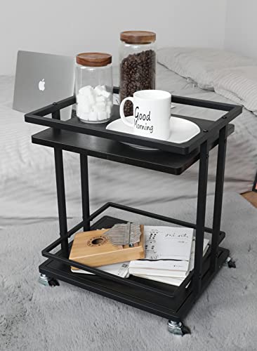 Chloryard 2-Tier Utility Rolling Cart, Metal And Wood Side End Table With Wheels Multifunctional Serving Storage Cart For Home Office Kitchen Bedroom Living Room Organizer (Black) #TOP7
