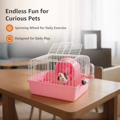 Image of Amazon Basics Hamster, Gerbil, Guinea Pig Cage and Playhouse | Pink | Spacious Plastic Cage for Small Pets | Double Story with Slide, Exercise Wheel and Feeding Bottle | LxWxH- 23x 17x 25 Cm
