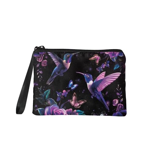 Hummingbird Canvas Wallet Small Butterfly Womens Wallet with Coins Purse Floral Coins Purse for Women Purple Stylish Hand Purse for Women Clutch Wristlet
