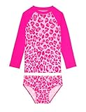Girls' Swimwear Size 5-6 Years Old Pink Cheetah Two Pieces Bathing Suits Long Sleeve Swimsuit Sets
