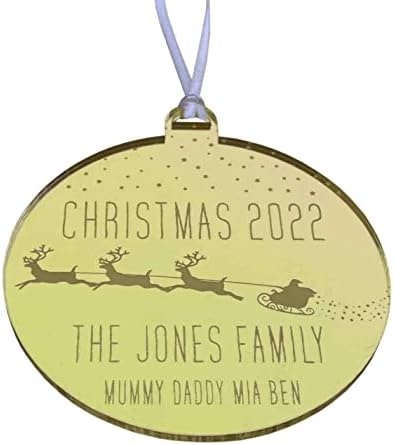 Christmas 2022 Ornament Personalised Bauble Family Name Tree Decoration - Custom Text Surname Gift Memory Keepsake for Friends Family Couple Children - Mirror Gold (9cm x 10cm