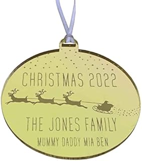 Christmas 2022 Ornament Personalised Bauble Family Name Tree Decoration - Custom Text Surname Gift Memory Keepsake for Friends Family Couple Children - Mirror Gold (9cm x 10cm
