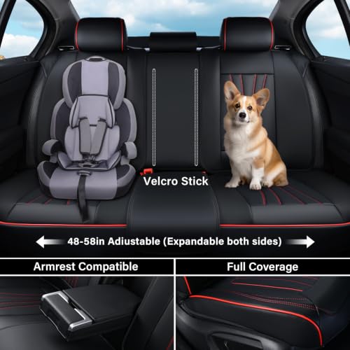 Image of Coverado Car Seat Covers Full Set, 5 Piece Car Seat Protector with Lumbar Support & Removable Headrest, Breathable Leather Front Rear Seat Cushion Universal Fit for Truck Automotive Black & Red