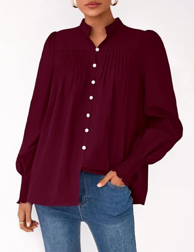 PRETTYGARDEN Fall Lantern Long Sleeve Shirts for Women 2025 Trendy Button Vneck Pullover Henley Tops Dressy Work Blouses2