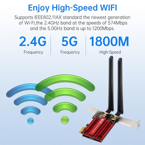 Tarjeta WiFi 6 PCIe con Bluetooth 5.2, AX1800 de banda dual 2.4G/5G para escritorio | Chip MT7921, compatible con Windows 10/11, baja latencia para juegos y transmisión 4K, antena de alta ganancia y seguridad WPA3 miniatura 4
