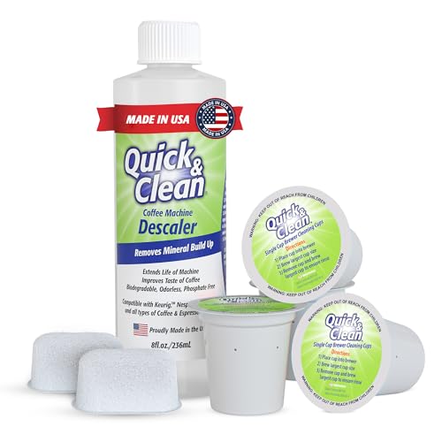 Quick & Clean 4-Pack of Cleaning Cups + 2 Filters with Descaler Bundle (2 Total Uses) - 2.0 Compatible, Descaling Solution for Keurig, Nespresso, Ninja, Delonghi, All Coffee and Espresso Machines…