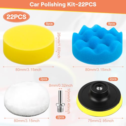 TNOMSNO 22 Piezas Esponja Pulir para Coche, 80mm Kit de Esponja Pulir Coche Almohadillas Esponja de Pulido Coche, Kit de Pulido para Taladro M10 para Pulido y Encerado de Automóviles - imagen 2